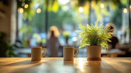 Sticker - Coffee shop, two mugs, plant, sunny day, cafe background, relaxation