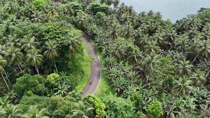 Canvas Print - Sao Tome and Principe - Aerial View of Rocky Tropical Coastline. Stunning Cliffs, Lush Rainforest, and Turquoise Ocean Waters.