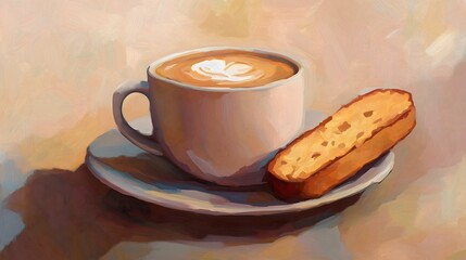 Wall Mural - Artistic Cappuccino and Biscotti Still Life Painting Close-up