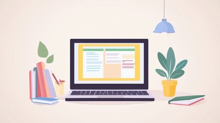 Illustration of a computer open on a table with a graphical representation of apps or programs on the screen. It is a concept of working with the help of technology.