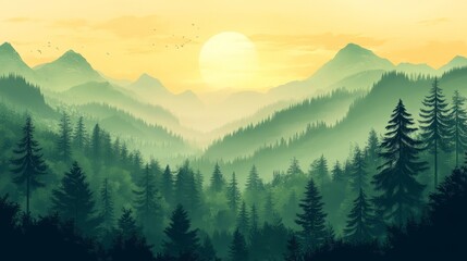 Wall Mural - misty mountain landscape at sunrise, lush green forest, peaceful scenery.