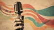 © Blueloner - Vintage Microphone Retro Music Background Hand Holding Mic Colorful Waves