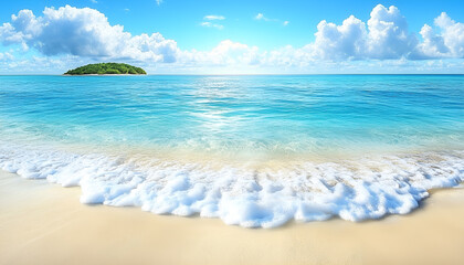 Sticker - Tropical paradise with soft white sand, gentle turquoise ocean waves, and a vibrant blue sky dotted with fluffy white clouds on a sunny day in the Maldives