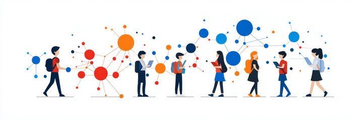 Fototapete - A modern graphic illustration showing students and teachers connected through virtual interfaces, emphasizing global online collaboration and digital education platforms,