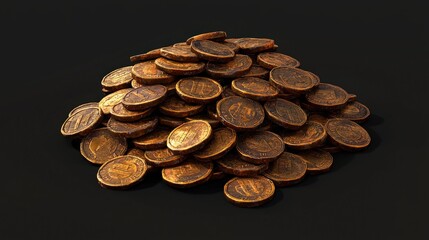 Wall Mural - pile of 3d illustrated cartoon coins in golden color on dark background for creative projects and vi