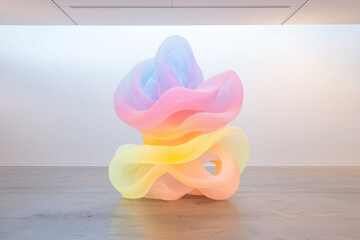 Aufkleber - A creative still life with neon wires and glowing tubes arranged in a sculptural form, emphasizing vibrant color transitions in a dimly lit setting,