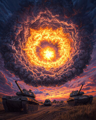 Poster - A surreal perspective focusing on the shockwave of an enormous blast consuming several tanks, under a sky ablaze with vibrant sunset hues,