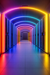 Poster - A wide-angle shot of a sleek server room illuminated by brilliant neon lines running along the floor and ceiling, capturing the cutting-edge feel of modern data centers,