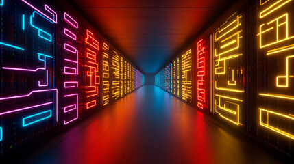 Poster - A futuristic overhead perspective of a vast neon-lit data center, revealing a geometric pattern of glowing server racks arranged in symmetrical order,
