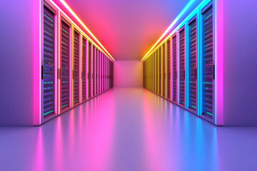 Leinwandbilder - A wide-frame scene capturing rows of servers under pulsating neon strips, showcasing a high-tech environment suitable for AI research and big data processing,