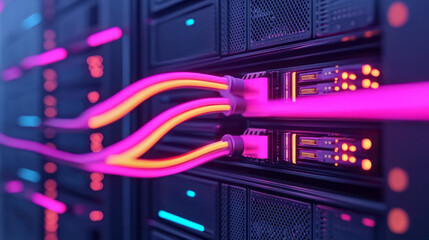 Poster - A close-up view of neon-outlined cables snaking through server cabinets, highlighting the dynamic interplay of technology and neon-colored lighting,