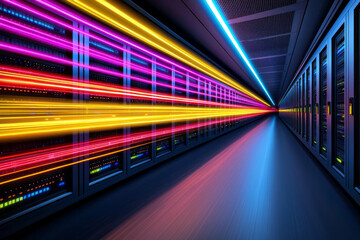 Aufkleber - A dynamic long-exposure image featuring streaks of colored light dancing around server racks, representing the constant flow of digital information within the neon-lit space,
