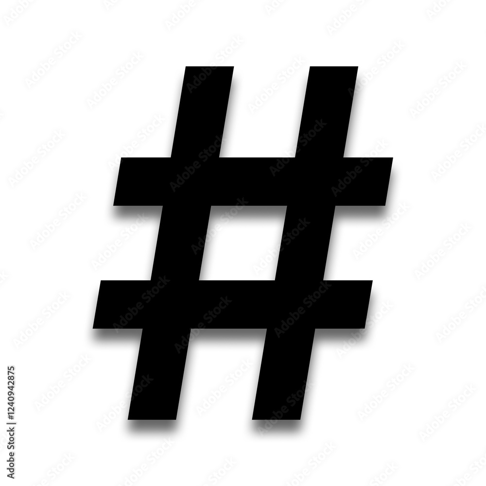 Black color # number sign hash symbol with a soft shadow down on ...