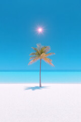 Aufkleber - A minimalist shot featuring a single palm tree leaning toward the ocean, with white sand contrasting the vibrant blue sea under a blazing midday sun,