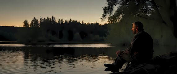 Wall Mural - Closeup of a thoughtful fisherman sitting on the banks of a tranquil lake immersed in nature watching the reflection of trees on the water