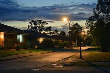 Wall Mural - Warm street lights illuminating suburban houses and road at dusk, creating a peaceful atmosphere