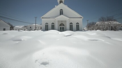 Wall Mural - Snowy Church Winter Scene, Rural Town, Landscape Photography