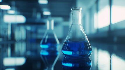 Wall Mural - bright blue liquids bubble gently in glass containers, reflecting the sleek design of a contemporary