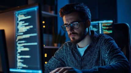 Unhappy Sad Developer Programmer Man In Stress Coding Software, 