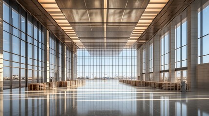 Wall Mural - Modern spacious lobby, sunlight, city view, empty