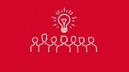 Wall Mural - Simple Line Art Logo Design with Light Bulb Above Silhouettes on Red Background