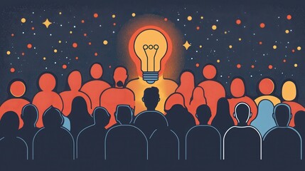Wall Mural - Simple Line Art Logo Design on Gray Background Featuring Light Bulb with Abstract Figures in Audience