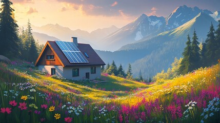 Canvas Print - Mountain chalet, solar panels, sunset, wildflowers