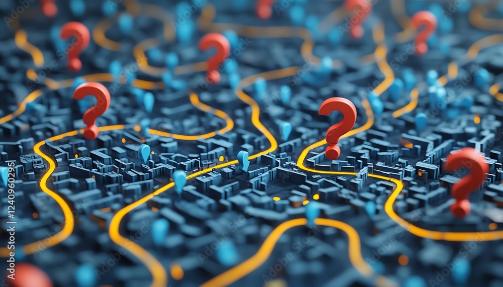 Confusing map with uncertain paths, question marks scattered, dotted ...