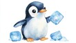 © Sirirat - Tiny penguin with a little ice cube collection, Watercolor style, isolated on white background, clipart