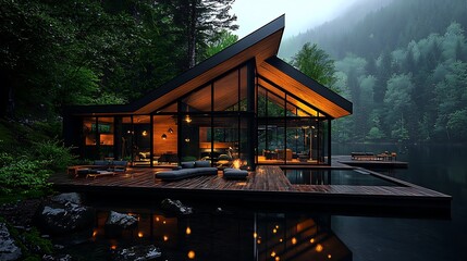 Sticker - Modern lake house, forest setting, evening ambiance, luxury retreat