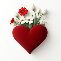 Wall Mural - Red heart with white flowers in the middle. Minimalistic background.