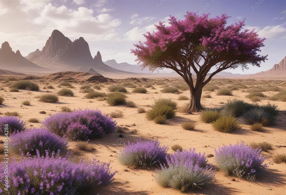 Dry savanna landscape with small tree (Arbusto) and purple flowers of