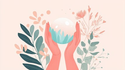 Poster - hands holding a crystal sphere surrounded by colorful leaves and floral elements in a minimalistic s