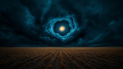 Dark style photography, the celestial colored blue sun, which is obscured by a thick dark cloud, as if it is an apocalyptic setting, below the sky are fields