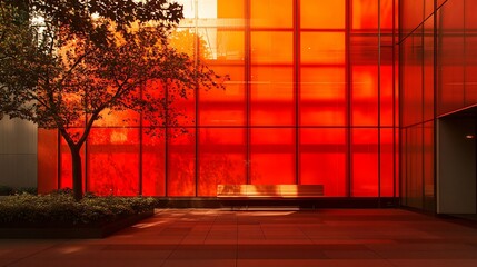 Wall Mural - Red glass building, urban courtyard, sunlight, bench, tranquil