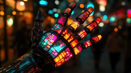 Wall Mural - futuristic robot hand creating holographic display in urban setting with neon lights and vibrant col
