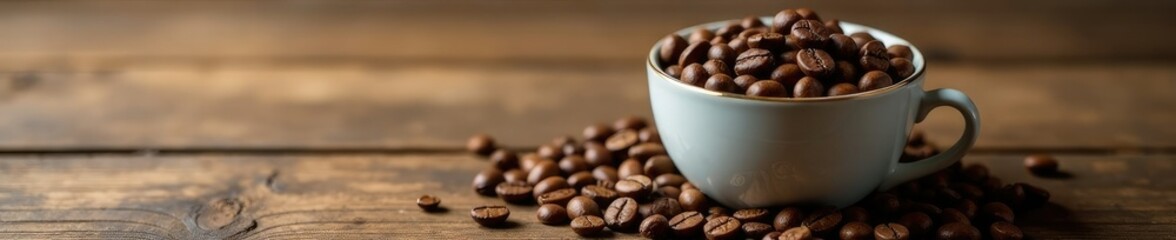 Wall Mural - Coffee beans in a cup on a rustic wooden table, background, atmosphere, texture