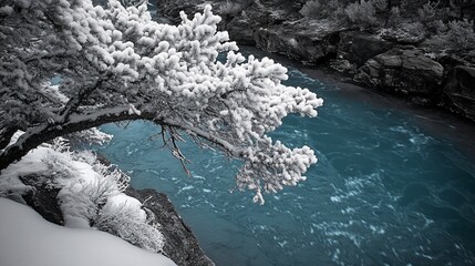 Poster - Snowy tree over turquoise river, winter landscape, Patagonia