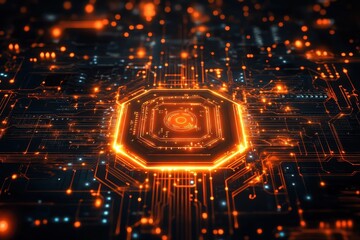 Wall Mural - futuristic digital circuit board with glowing orange lights and hexagonal core in a high-tech abstra