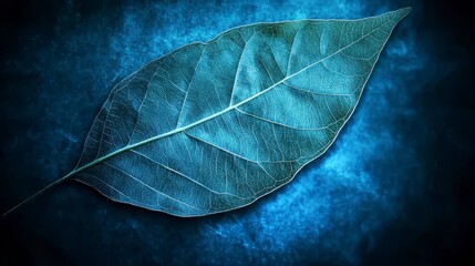 Wall Mural - Abstract image of a leaf, depicted with a textured, dotted pattern in shades of dark blue and light blue, on a dark background speckled with similar