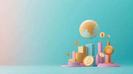 Wall Mural - Global finance, digital payments ecosystem, futuristic economic concept, 3D illustration. -