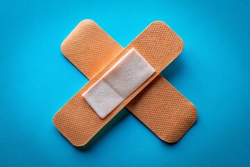 close-up of two skin-tone adhesive bandages on blue background - wound healing patch
