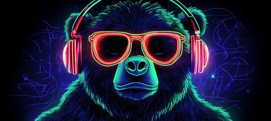 Wall Mural - Cool Neon Bear DJ In Headphones Enjoying Synthwave Music On Abstract Background, Vibrant Colors