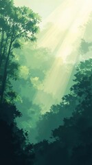 Wall Mural - Sunbeams Illuminate a Lush Green Forest Canopy