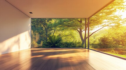 Wall Mural - Sunlit empty room, garden view, wood floor, relaxing