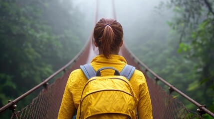 Woman backpacker bravely crossing a rope bridge in a misty lush rainforest embracing the thrill and excitement of her adventurous into the remote untamed wilderness