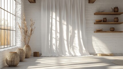 Wall Mural - Sunlit minimalist room, natural decor, wooden shelves, interior design, website background