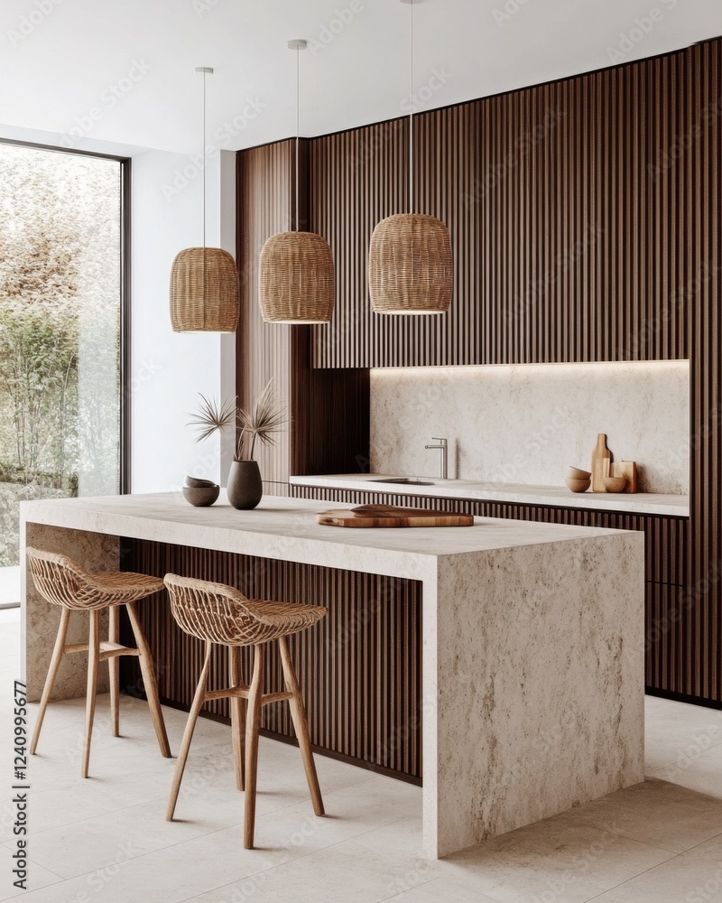 Ilustración de Stock Japandi style kitchen, dark wood cabinetry with vertical slat accents ...