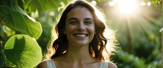 Wall Mural - Radiant closeup of a young brunette woman smiling brightly against a backdrop of lush greens embodying health and joy in a natural setting