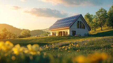 Poster - Sunset view of solar house, hilltop meadow. Eco-friendly home, sustainable living